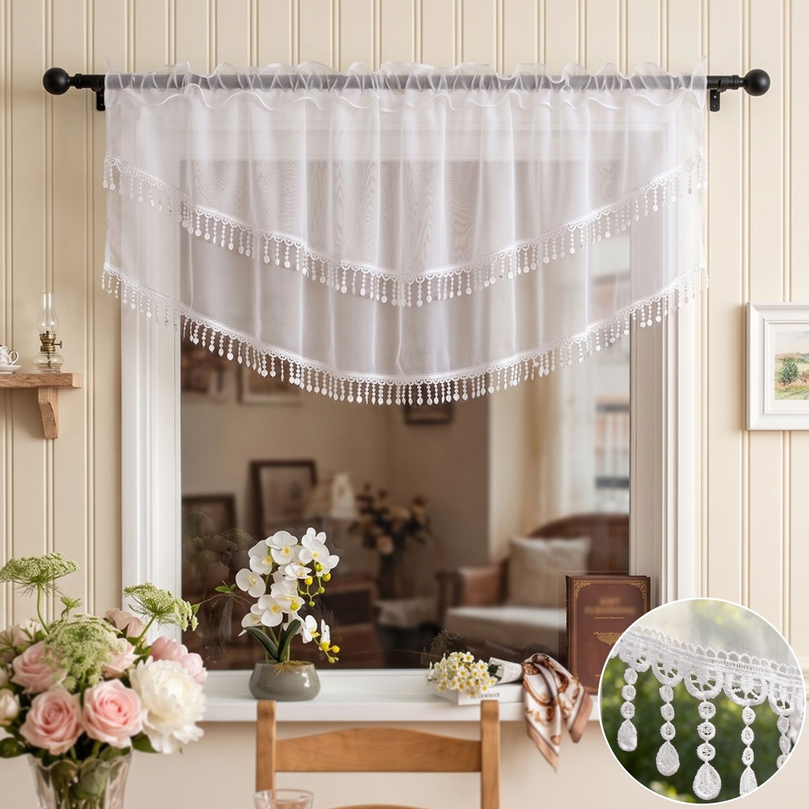 2PCS White Lace Beaded Tassel  - đánh giá và giá Home Office Rate